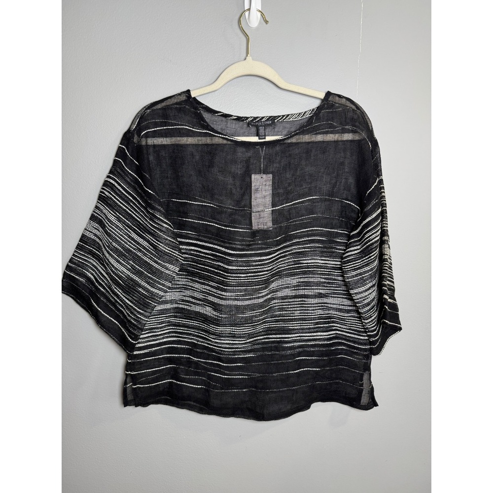 Eileen Fisher Petite Black White Stripe Organic Linen Mesh Top S8PFA-T4532P PS